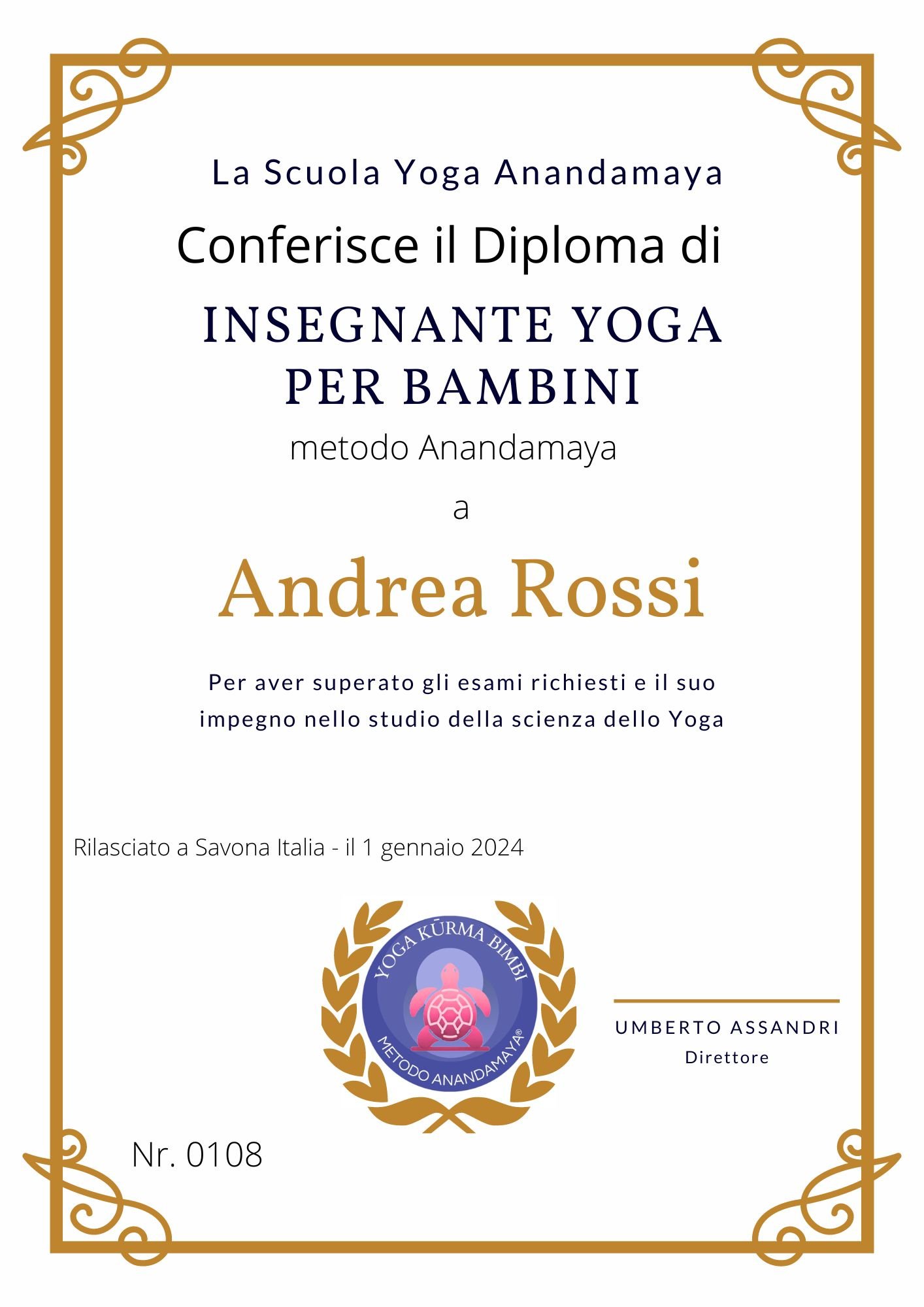 Fax simile diploma insengnanti yoga bimbi